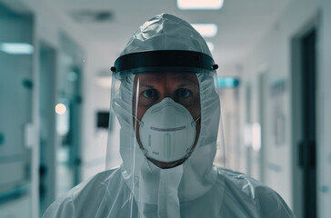 Wall Mural - a person in protective gear with a face mask and white coat inside an empty medical facility room