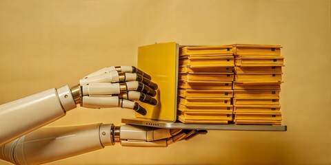 Poster - Robotics and Knowledge: A robotic hand delicately handles a stack of books, suggesting a future where automation and learning coexist. The image evokes a sense of technological advancement and the pot