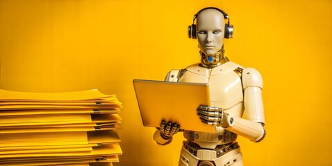 Poster - AI Efficiency: Golden Robot Tackles Digital Overload on Vibrant Yellow  