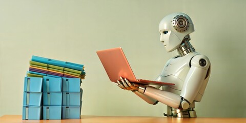 Poster - AI and the Future of Work: A white humanoid robot sits at a desk, diligently working on a laptop with a stack of binders beside it. 