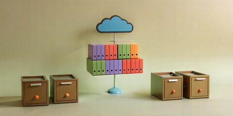 Poster - Data Bridge: Colorful file folders levitate on a playful cloud, symbolizing seamless cloud storage and data transfer between devices.