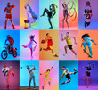 © Lustre Art Group  - Colorful mosaic of different kinds of sport. Dynamic portrait of young active people in motion in neon light against gradient background. Concept of sport, wellness, healthy lifestyle, movement. Ad