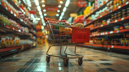 A shopping cart in the middle of a well-stocked supermarket aisle, filled with a variety of products, highlighting the convenience and abundance of modern grocery shopping