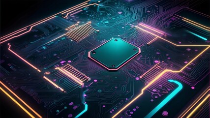Poster - Neon Brain: A high-tech CPU glows with vibrant colors, illuminating the intricate circuitry of a modern motherboard. 