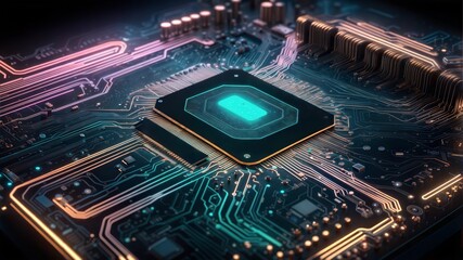Poster - The Core of Innovation: A high-tech motherboard hums with neon energy, showcasing the power of processing and digital potential.