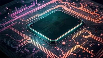 Poster - Neon Brain: A high-tech CPU glows with vibrant colors, illuminating the intricate circuitry of a modern motherboard. 