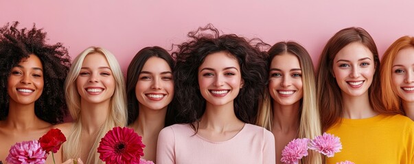 Cheerful beautiful women of different nationalities over pink, Generative AI