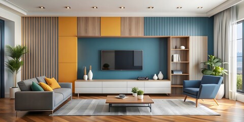 Modern living room with two tone color wall background and stylish TV cabinet, modern, living room, two tone, color