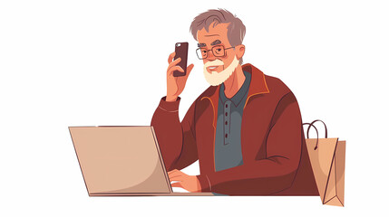 male teenager working with laptop, shopping online, making call. Importance of digital literacy for elderly people vector image