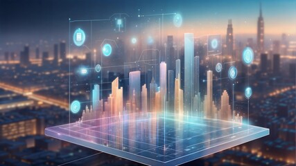 Poster - Smart City Skyline: A futuristic cityscape illuminated by a holographic display of data and technology, symbolizing innovation, progress, and the interconnectedness of the modern world.  