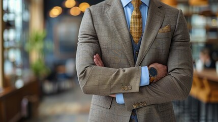 Wall Mural - A well-dressed man in a tailored suit standing confidently indoors, surrounded by contemporary decor during a business meeting