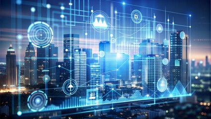 Poster - Connected City: A mesmerizing cityscape illuminated by a network of digital connections, representing the interconnectedness of modern life and the power of technology.
