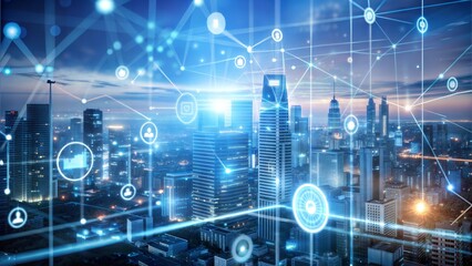 Poster - Connected City: A mesmerizing cityscape illuminated by a network of digital connections, representing the interconnectedness of modern life and the power of technology.