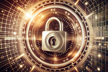 Poster - Digital Fortress: A vintage combination lock guards the gateway to a luminous digital realm, symbolizing cybersecurity and data protection in a technologically advanced world. 