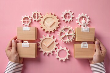 Poster - Gearing Up for Success: Hands meticulously connect blocks amidst a network of gears, symbolizing strategic planning and efficient workflow on a pastel pink background.