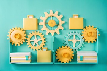 Poster - Gearing Up for Success:  A vibrant, conceptual image of interlocking gears and briefcases symbolizing teamwork, innovation, and the mechanics of achieving business goals. 