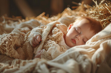 Wall Mural - A baby Jesus is sleeping in the manger, with soft lighting and a peaceful atmosphere