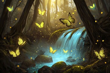 Canvas Print - At night, a fairy forest is illuminated by glowing flowers and lights. Image: