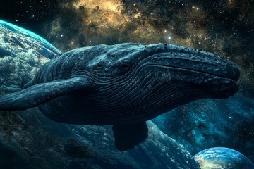 Wall Mural - an abstract night fantasy landscape with a planet, an unreal world, a fish, water, depths of the sea