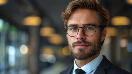 Wall Mural - Young man in glasses dressed in formal attire poses confidently in a modern office setting during the day