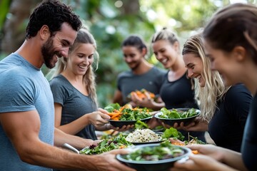 A group of friends sharing a healthy and nutritious meal together after a workout session celebrating their fitness achievements and the joy of their active lifestyle and community