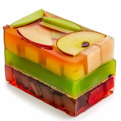 Layered transparent soap with apple slices and green leaves.