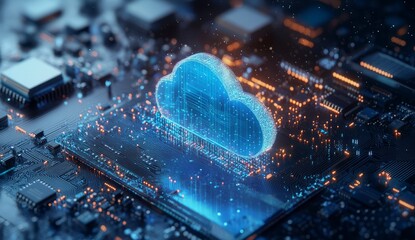 3D rendering of a cloud on top of microchips