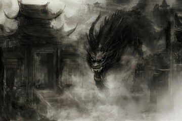 painting of an illustration of a chinese temple and a giant dragon in digital form (generated using 