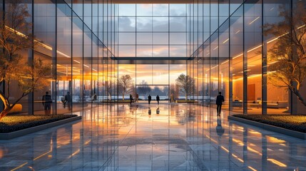 Modern architectural lobby during sunset with reflective marble flooring in a spacious urban building