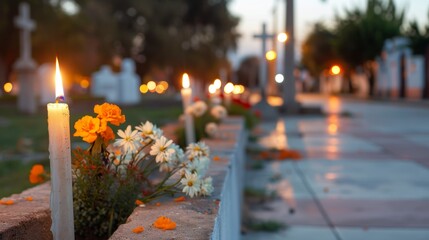 Wall Mural - A cemetery with a lit candle and flowers on a concrete wall