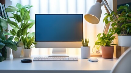 Poster - a desktop computer on a wooden desk, 