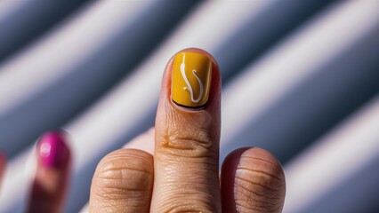 Wall Mural - A person with a yellow and white manicure holding up their finger, AI