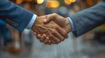 Two professionals shake hands outside, agreeing on a business deal in an urban setting with soft lighting