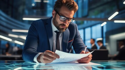 Poster - Successful male architect reviewing blueprints 