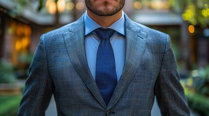 Wall Mural - Businessman in a tailored suit with a tie standing in a modern courtyard during daylight