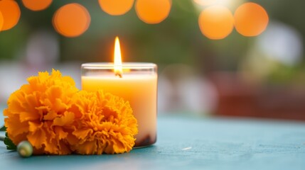 Sticker - A candle is lit next to a bunch of orange flowers