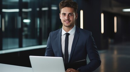 Wall Mural - Young professional with sits at a desk with a laptop 