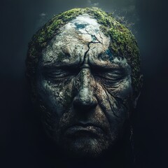 Wall Mural - earth that is made into face, the face has an experession of sorrow and regret, moody over head lighting