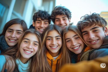 Selfie of a group of students looking at the camera laughing. Happy to be back at school and be together with their classmates, Generative AI