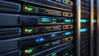© tanayoch - A close-up of a modern server rack with illuminated lights, showcasing technology and data storage equipment.