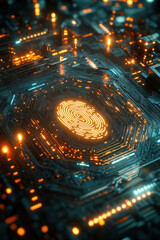 Wall Mural - Digital fingerprint,  Holographic fingerprint icon hovering above a luminous digital circuit board, surrounded by pulsating lights. The scene is set in a futuristic tech lab,