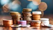 © Рудой Максим - Stacks of various coins arranged on a wooden surface with blurred highlights in the background, showcasing the intricacies of currency collection