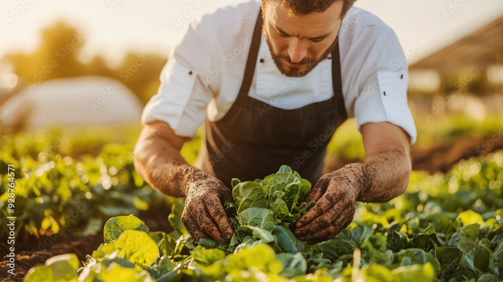 A dedicated chef harvesting fresh lettuce from a vibrant garden during ...