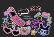 © Unaanya - Y2k stickers collection.  Cartoon stickers in funky groovy grunge style. flip phone, lips, stars, glasses, hairpins, 2000 ornament and tags.