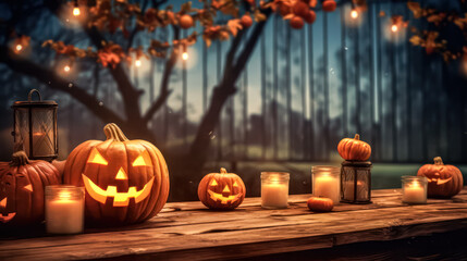 Wall Mural - A wooden table with several lit candles and pumpkins on it. Scene is spooky and festive, as it is set up for Halloween