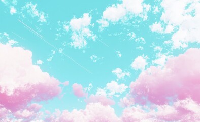 Poster - A pink cloudy sky staged by fluffy cotton candy dream fantasy soft background.