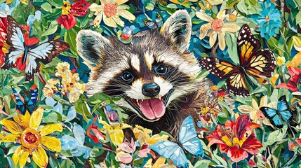 Wall Mural - A raccoon stands next to a colorful forest and butterflies against a beautiful flower background.