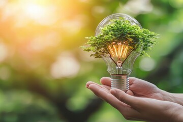 Sustainability concept: Hand holding green leaves with a light bulb