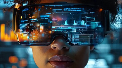 Poster - A young woman engages with immersive virtual reality technology, analyzing data in a vibrant, high-tech setting.