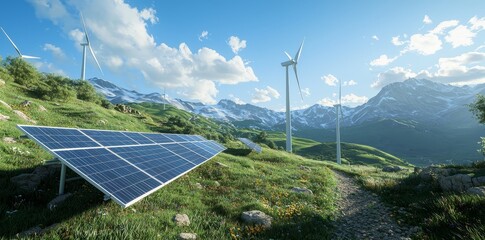 Wall Mural - Design of wind turbines and solar panels landscape for a green energy banner.